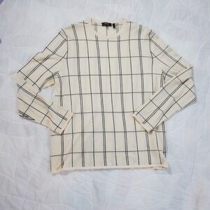 Theory Grid Pattern‎ Wool Crew Neck Long Sleeve Sweater Knit Top L Cream Black